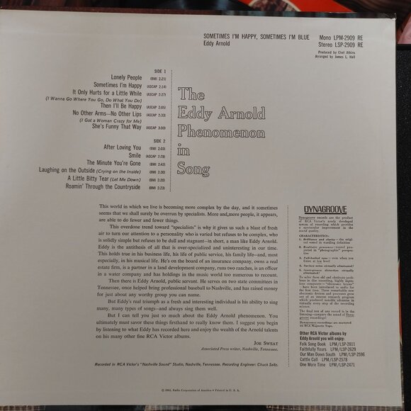 Vintage Vinyl LP Record Eddy Arnold - Sometimes I'm Happy Sometimes I'm Blue '64 - Picture 2 of 4